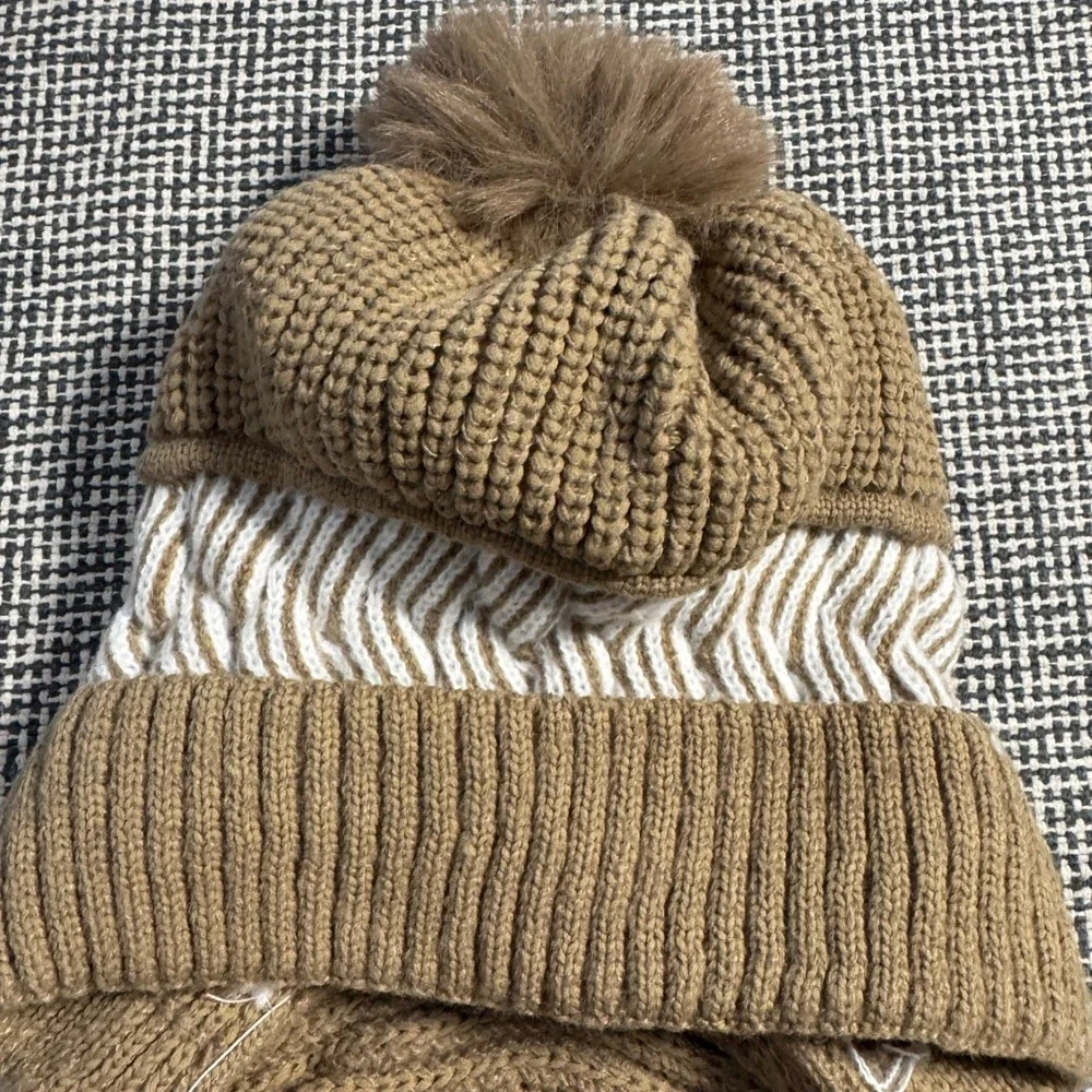 Brown Knit Beanie Scarf Set Fleece Lined Pom Pom Winter Hat Scarf Combo One Size